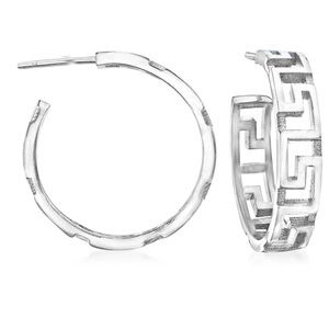 Elegant Sterling Silver Greek Key Hole Cut Out Hoop Earrings